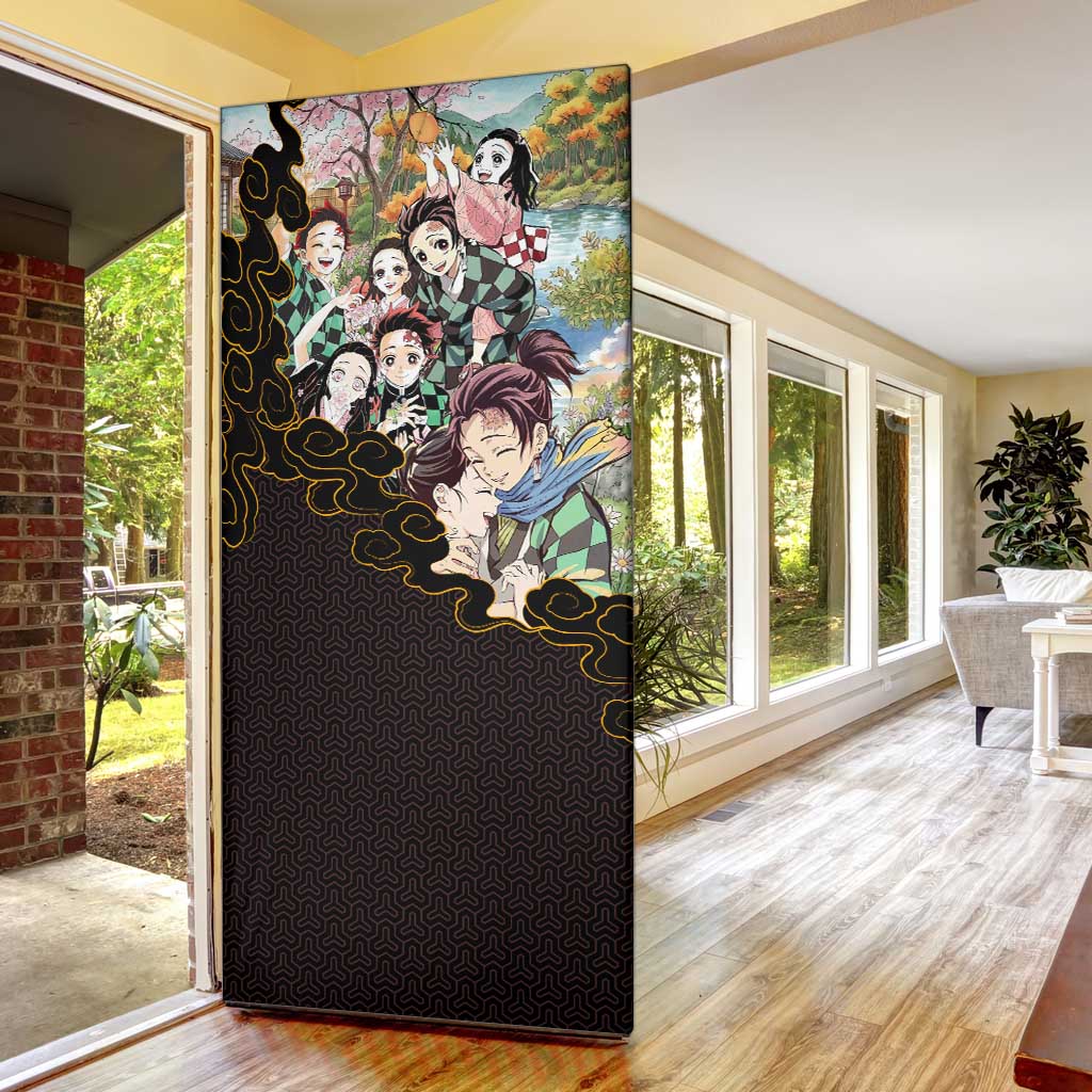 Kamado Siblings Demon Slayer Collage Design Door Cover with Tanjiro and Nezuko in Scenic Background - The Mazicc