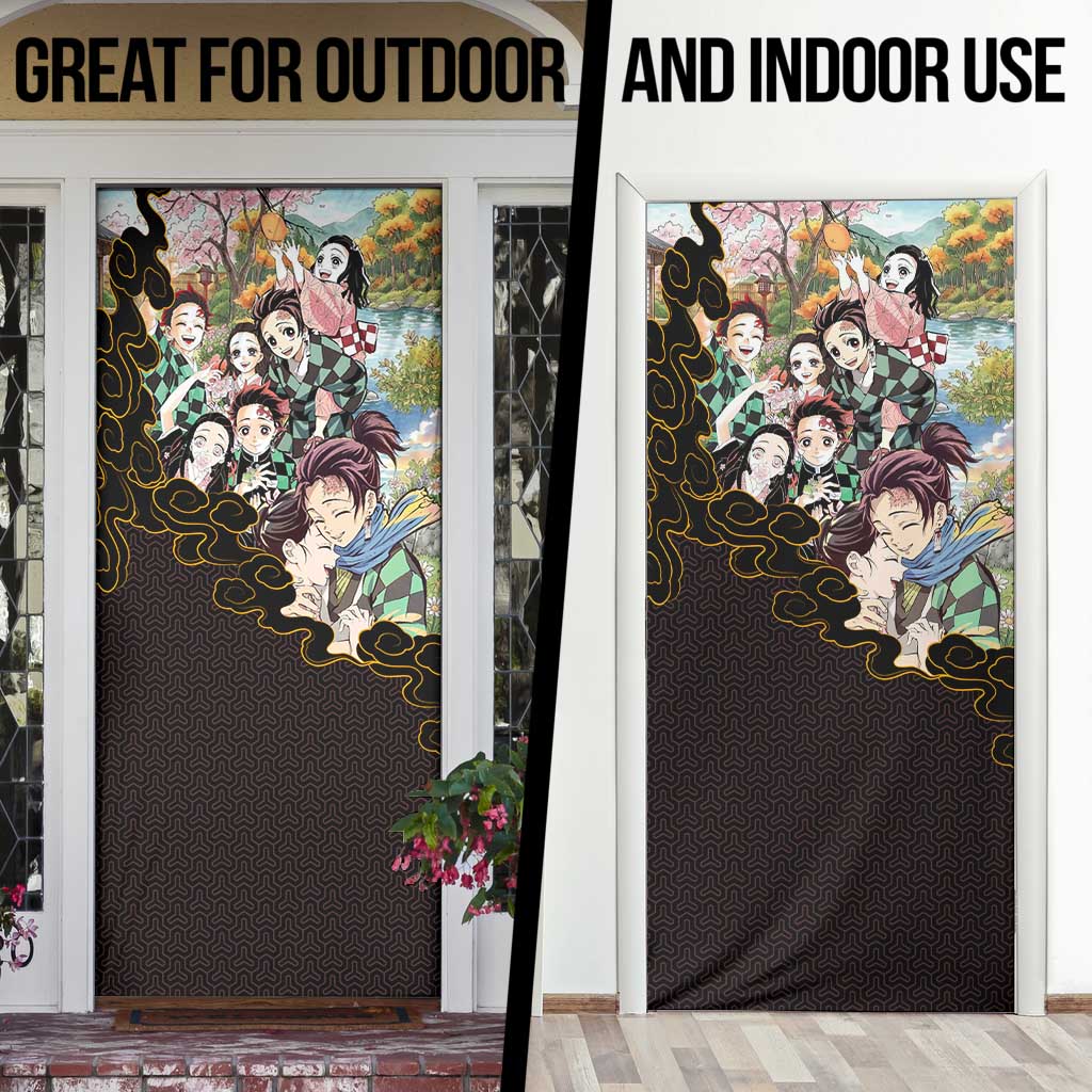 Kamado Siblings Demon Slayer Collage Design Door Cover with Tanjiro and Nezuko in Scenic Background - The Mazicc