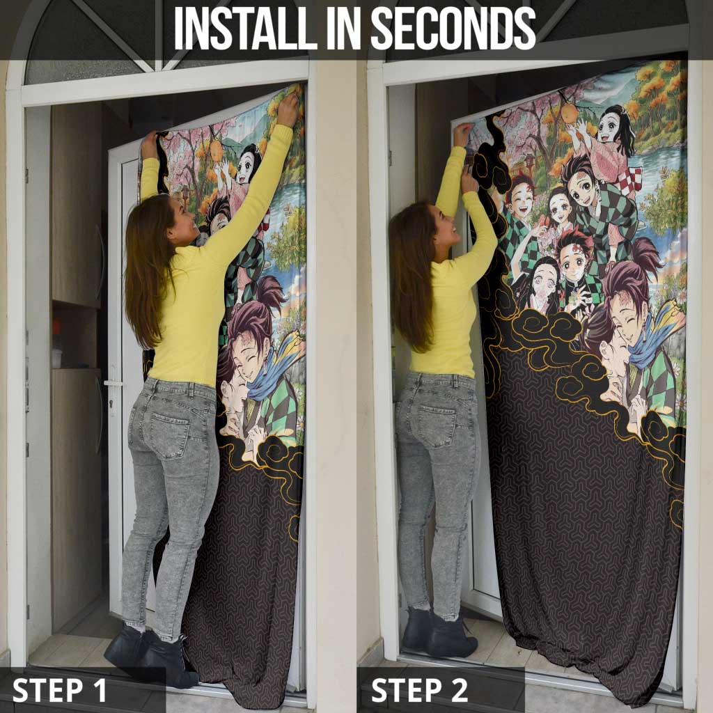 Kamado Siblings Demon Slayer Collage Design Door Cover with Tanjiro and Nezuko in Scenic Background - The Mazicc