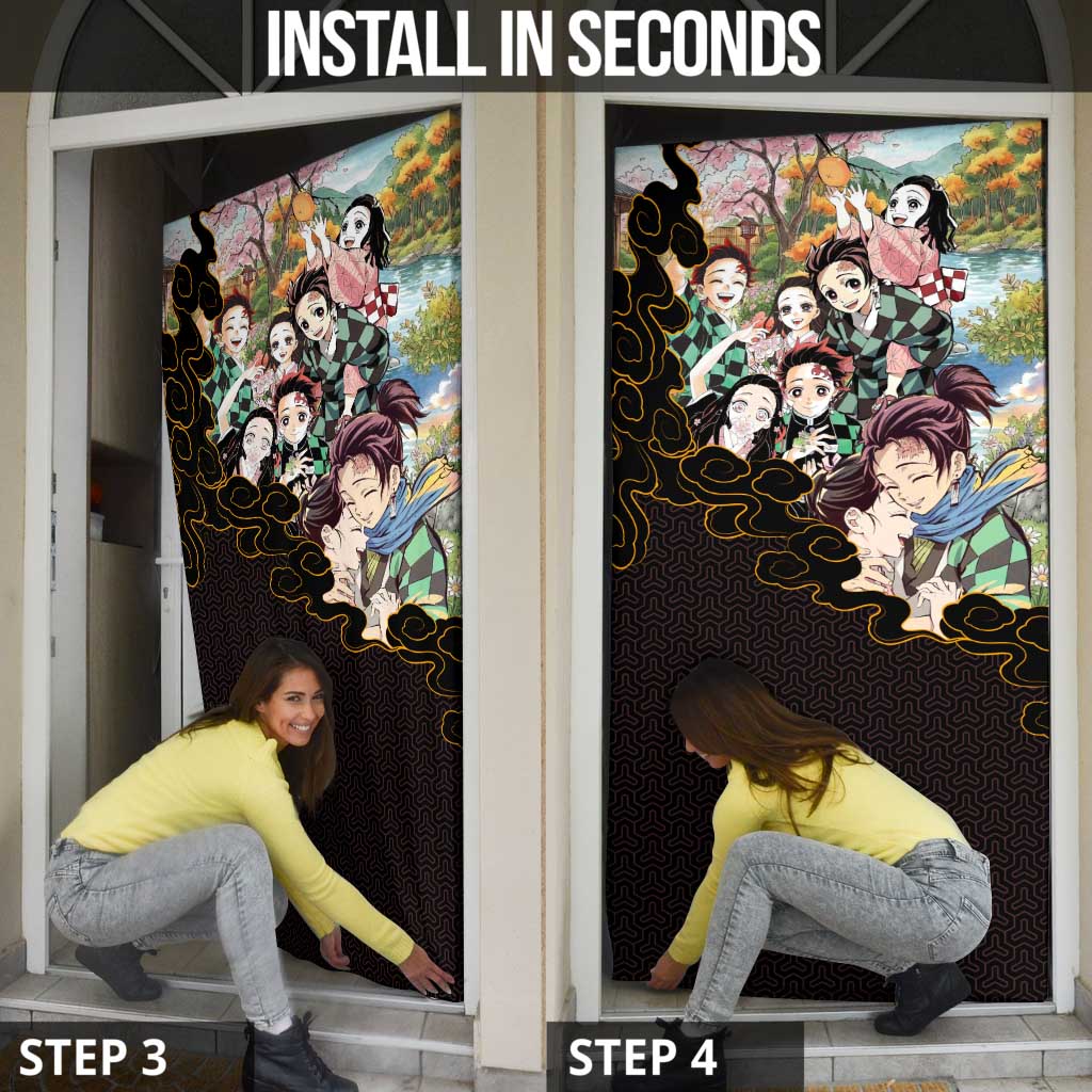 Kamado Siblings Demon Slayer Collage Design Door Cover with Tanjiro and Nezuko in Scenic Background - The Mazicc