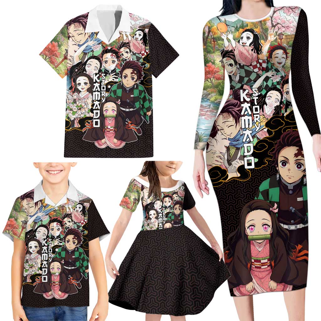 Kamado Siblings Demon Slayer Collage Design Family Matching Long Sleeve Bodycon Dress and Hawaiian Shirt with Tanjiro and Nezuko in Scenic Background