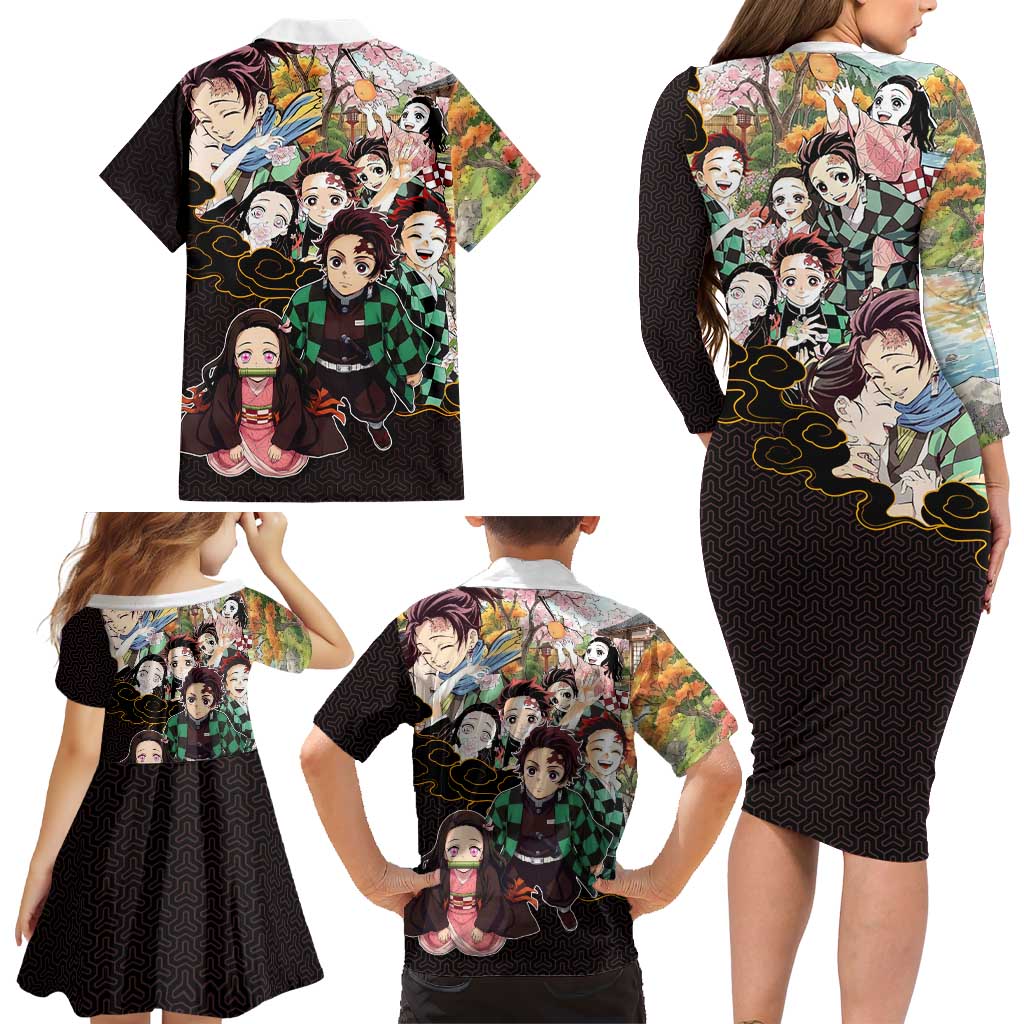 Kamado Siblings Demon Slayer Collage Design Family Matching Long Sleeve Bodycon Dress and Hawaiian Shirt with Tanjiro and Nezuko in Scenic Background