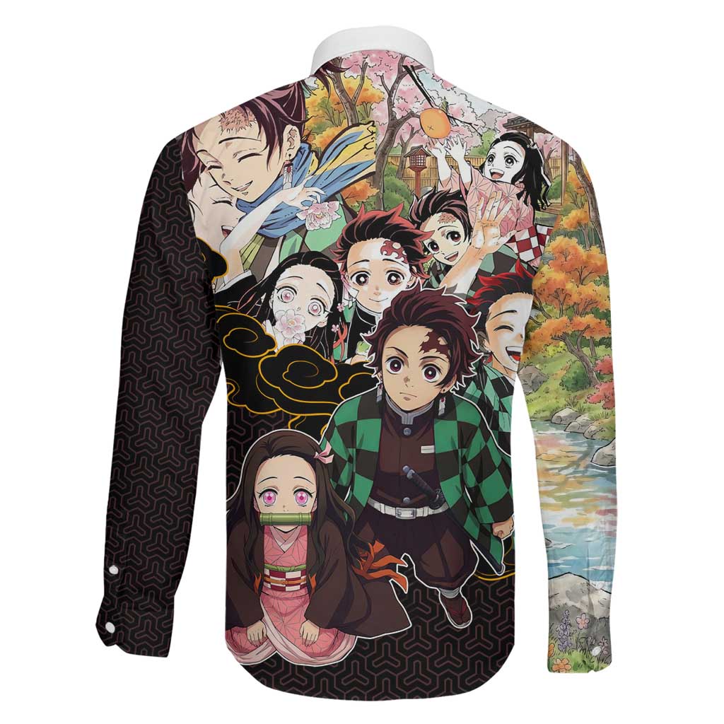 Kamado Siblings Demon Slayer Collage Design Family Matching Long Sleeve Bodycon Dress and Hawaiian Shirt with Tanjiro and Nezuko in Scenic Background