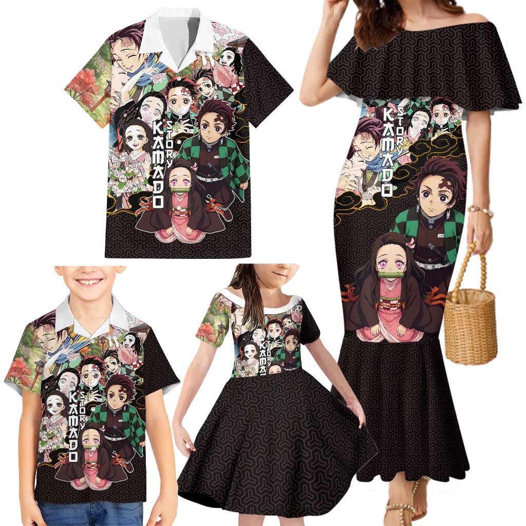 Kamado Siblings Demon Slayer Collage Design Family Matching Mermaid Dress and Hawaiian Shirt with Tanjiro and Nezuko in Scenic Background