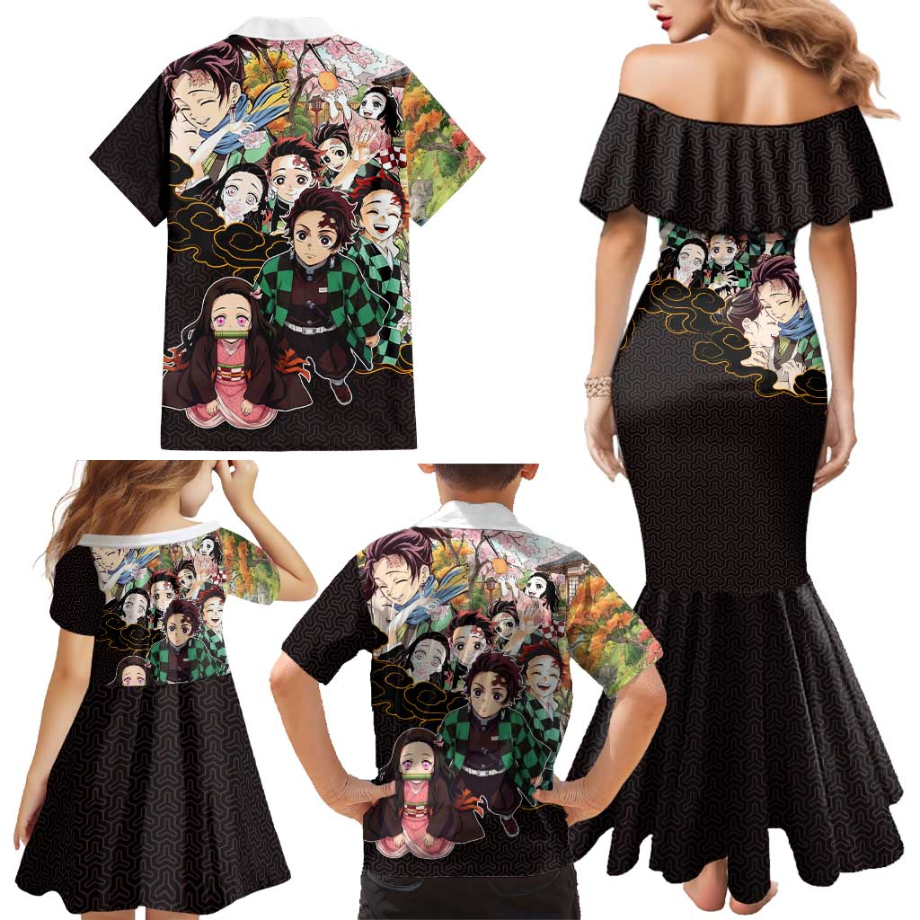 Kamado Siblings Demon Slayer Collage Design Family Matching Mermaid Dress and Hawaiian Shirt with Tanjiro and Nezuko in Scenic Background