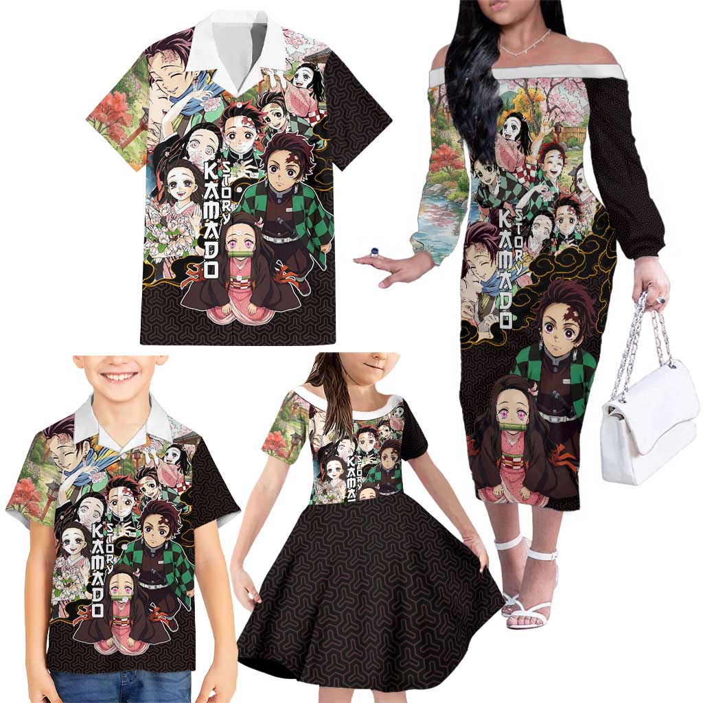 Kamado Siblings Demon Slayer Collage Design Family Matching Off The Shoulder Long Sleeve Dress and Hawaiian Shirt with Tanjiro and Nezuko in Scenic Background