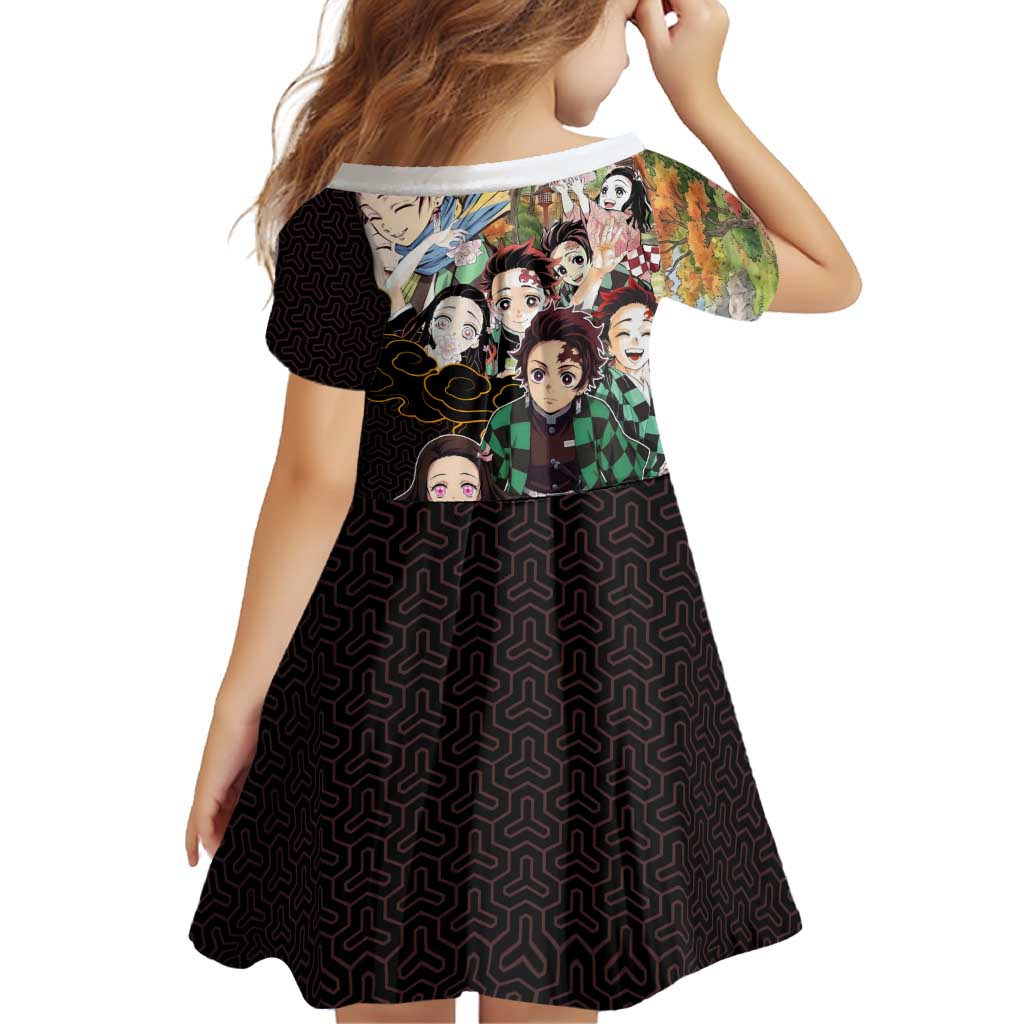 Kamado Siblings Demon Slayer Collage Design Family Matching Off The Shoulder Long Sleeve Dress and Hawaiian Shirt with Tanjiro and Nezuko in Scenic Background