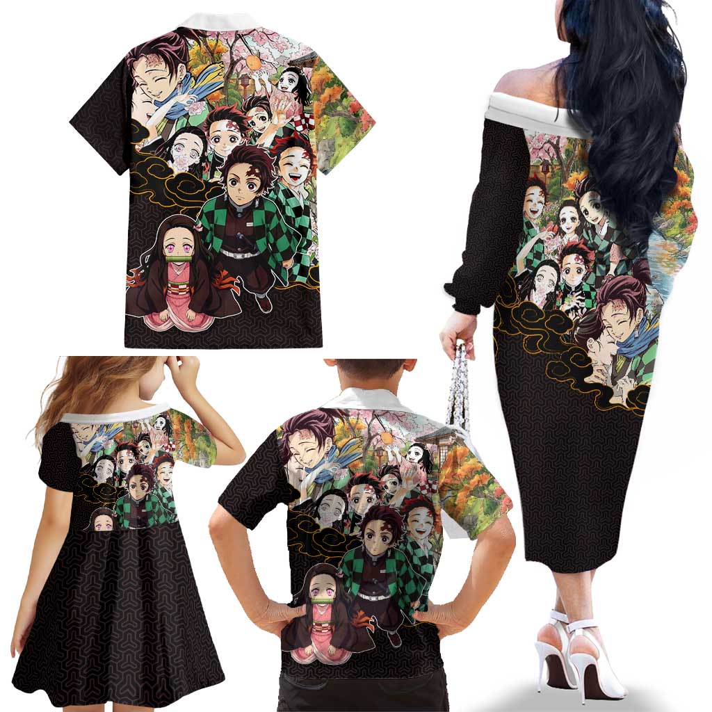 Kamado Siblings Demon Slayer Collage Design Family Matching Off The Shoulder Long Sleeve Dress and Hawaiian Shirt with Tanjiro and Nezuko in Scenic Background