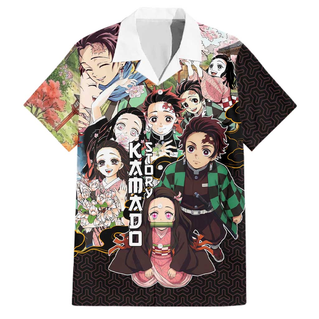 Kamado Siblings Demon Slayer Collage Design Family Matching Off The Shoulder Long Sleeve Dress and Hawaiian Shirt with Tanjiro and Nezuko in Scenic Background