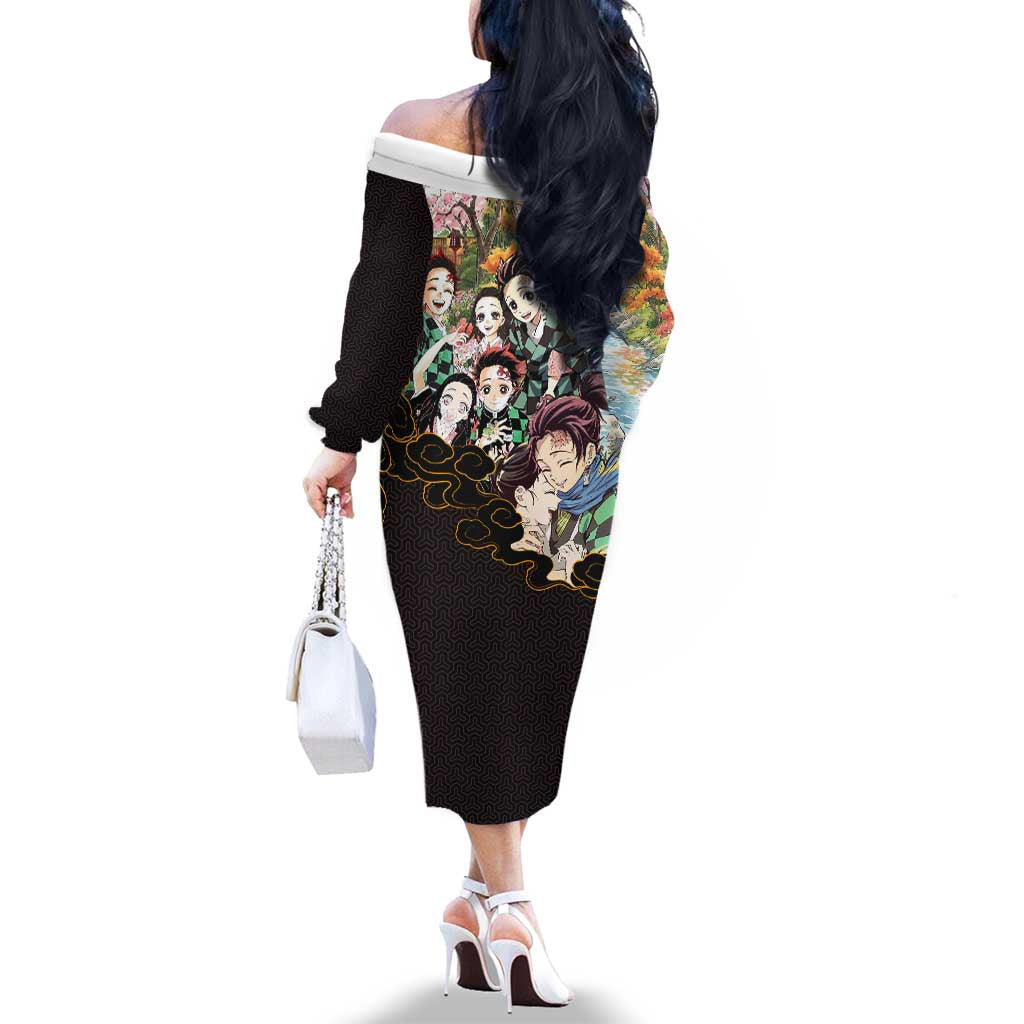 Kamado Siblings Demon Slayer Collage Design Family Matching Off The Shoulder Long Sleeve Dress and Hawaiian Shirt with Tanjiro and Nezuko in Scenic Background