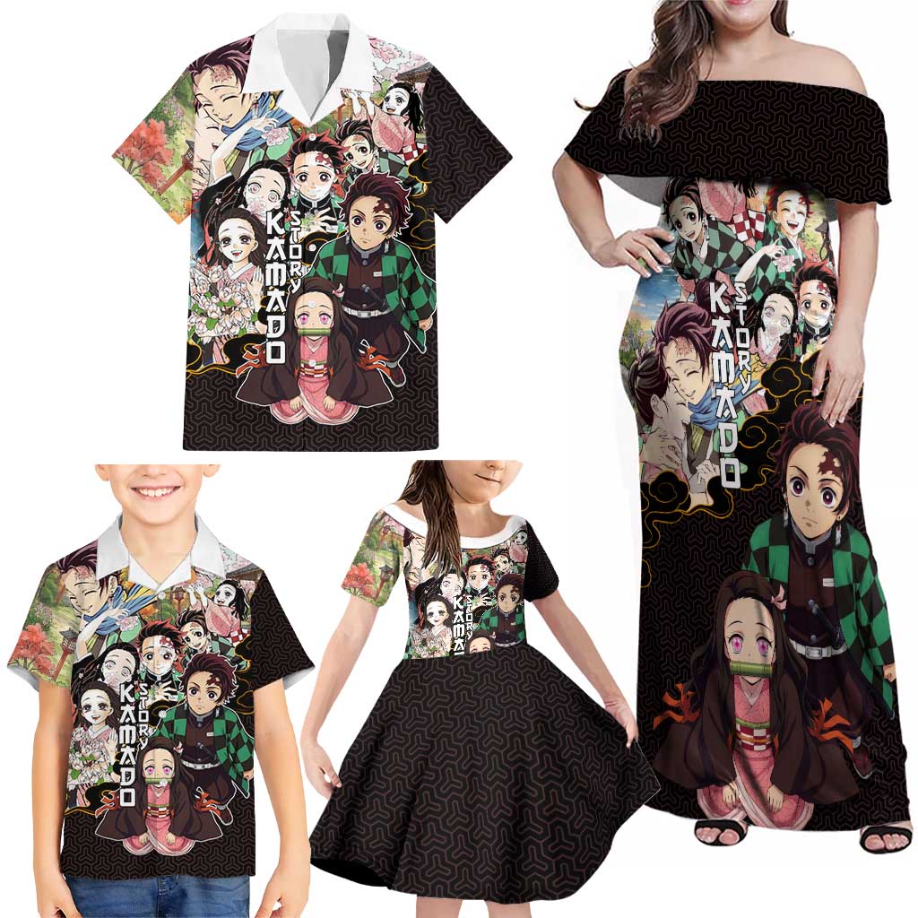 Kamado Siblings Demon Slayer Collage Design Family Matching Off Shoulder Maxi Dress and Hawaiian Shirt with Tanjiro and Nezuko in Scenic Background