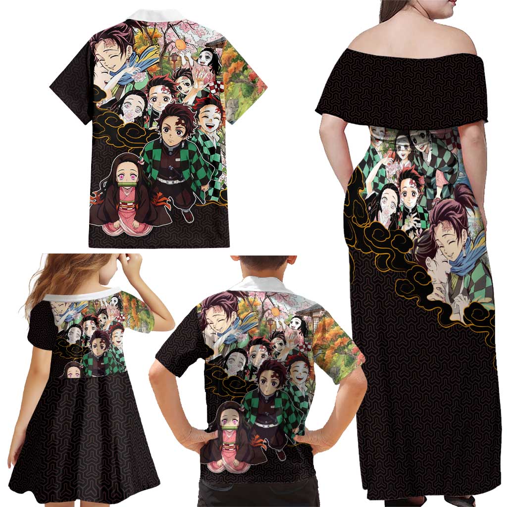 Kamado Siblings Demon Slayer Collage Design Family Matching Off Shoulder Maxi Dress and Hawaiian Shirt with Tanjiro and Nezuko in Scenic Background
