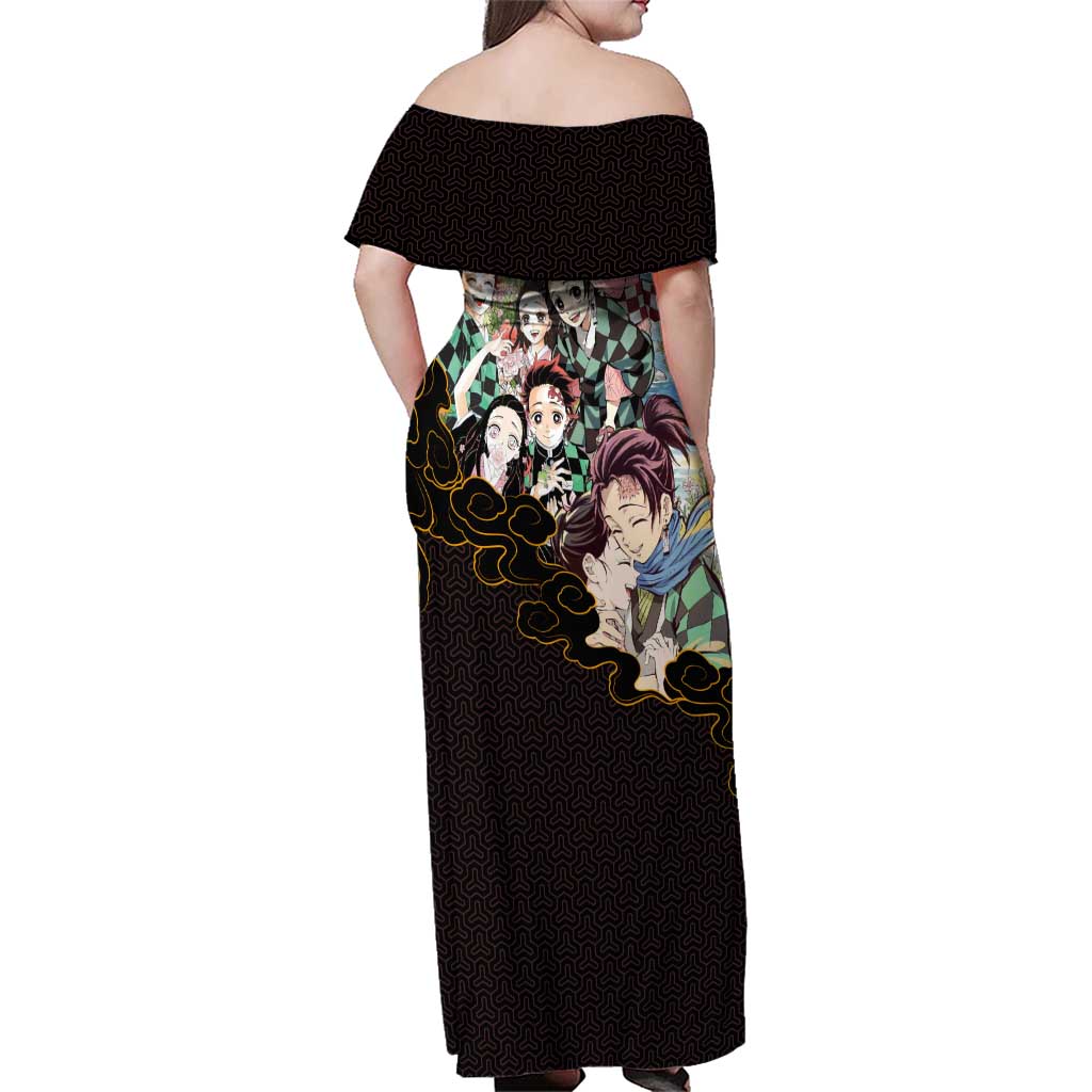 Kamado Siblings Demon Slayer Collage Design Family Matching Off Shoulder Maxi Dress and Hawaiian Shirt with Tanjiro and Nezuko in Scenic Background