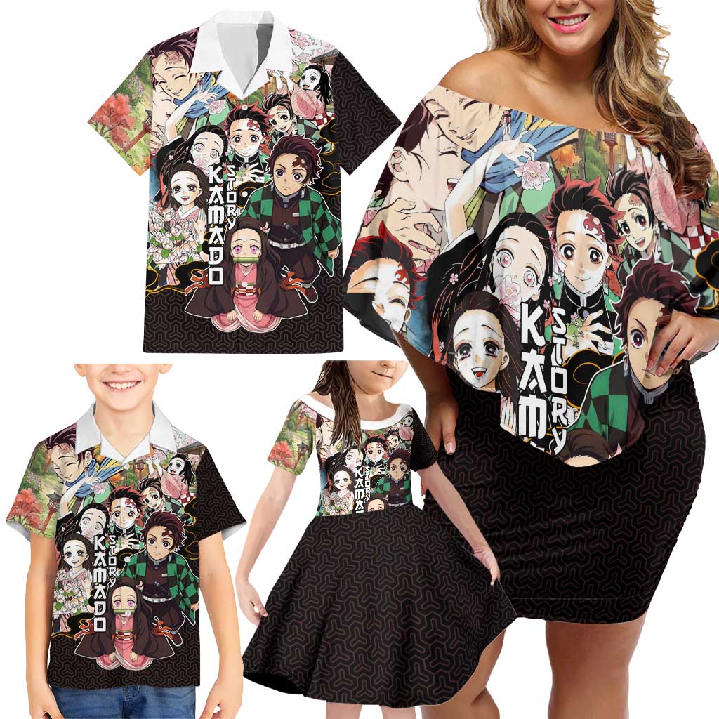 Kamado Siblings Demon Slayer Collage Design Family Matching Off Shoulder Short Dress and Hawaiian Shirt with Tanjiro and Nezuko in Scenic Background