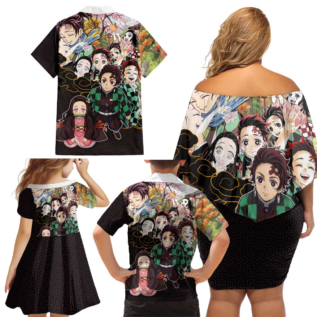 Kamado Siblings Demon Slayer Collage Design Family Matching Off Shoulder Short Dress and Hawaiian Shirt with Tanjiro and Nezuko in Scenic Background