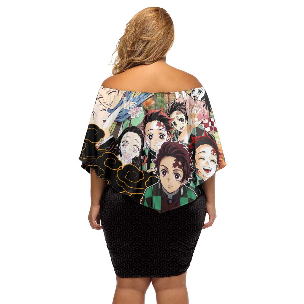 Kamado Siblings Demon Slayer Collage Design Family Matching Off Shoulder Short Dress and Hawaiian Shirt with Tanjiro and Nezuko in Scenic Background
