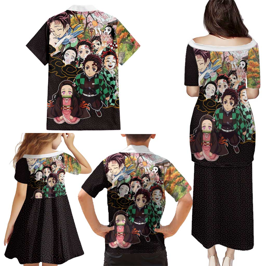 Kamado Siblings Demon Slayer Collage Design Family Matching Puletasi and Hawaiian Shirt with Tanjiro and Nezuko in Scenic Background