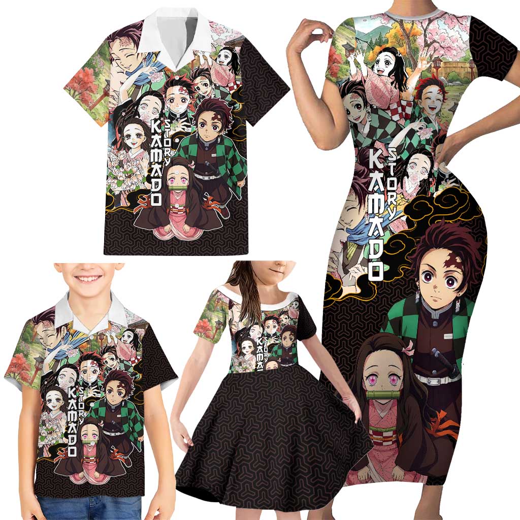 Kamado Siblings Demon Slayer Collage Design Family Matching Short Sleeve Bodycon Dress and Hawaiian Shirt with Tanjiro and Nezuko in Scenic Background