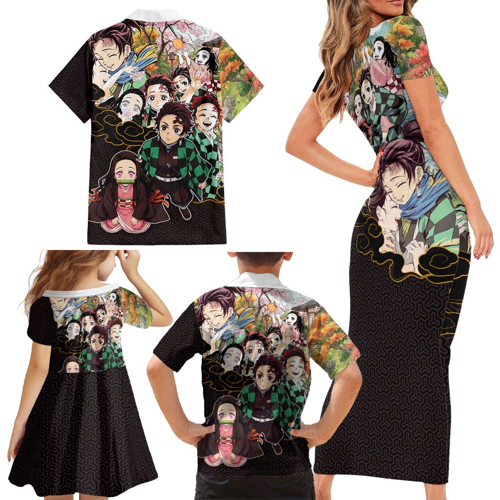 Kamado Siblings Demon Slayer Collage Design Family Matching Short Sleeve Bodycon Dress and Hawaiian Shirt with Tanjiro and Nezuko in Scenic Background