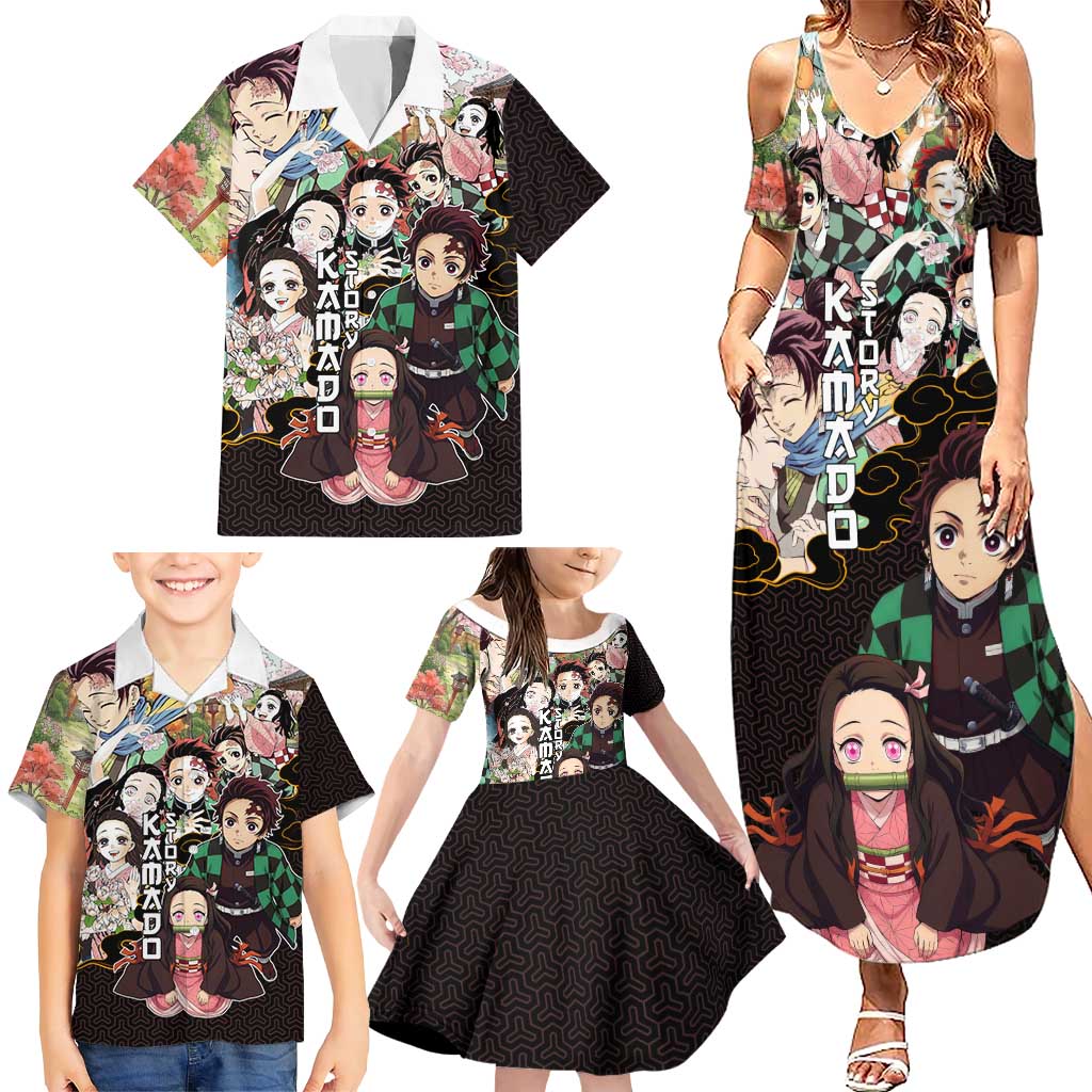 Kamado Siblings Demon Slayer Collage Design Family Matching Summer Maxi Dress and Hawaiian Shirt with Tanjiro and Nezuko in Scenic Background