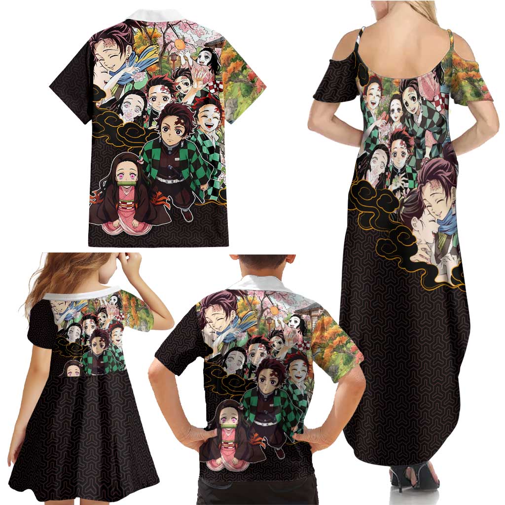 Kamado Siblings Demon Slayer Collage Design Family Matching Summer Maxi Dress and Hawaiian Shirt with Tanjiro and Nezuko in Scenic Background
