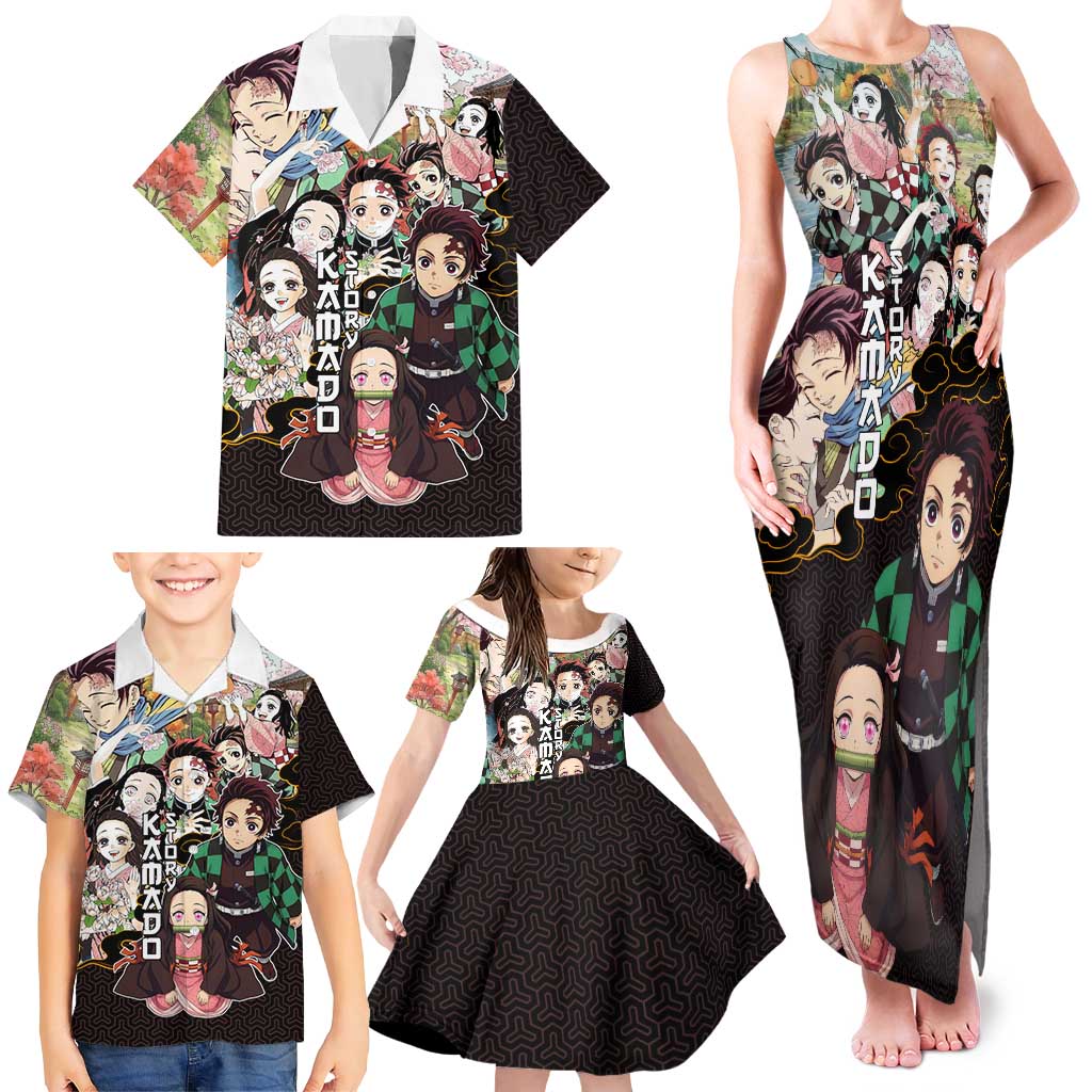 Kamado Siblings Demon Slayer Collage Design Family Matching Tank Maxi Dress and Hawaiian Shirt with Tanjiro and Nezuko in Scenic Background