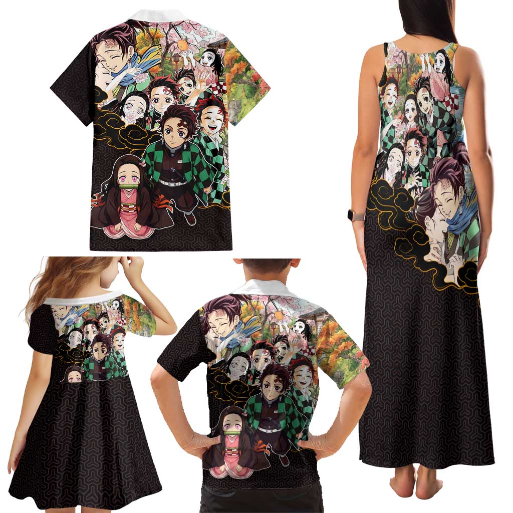 Kamado Siblings Demon Slayer Collage Design Family Matching Tank Maxi Dress and Hawaiian Shirt with Tanjiro and Nezuko in Scenic Background