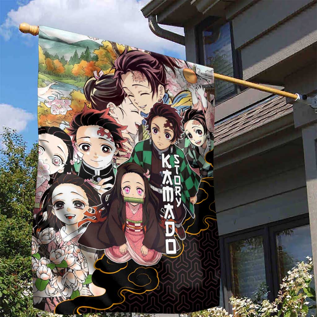 Kamado Siblings Demon Slayer Collage Design Garden Flag with Tanjiro and Nezuko in Scenic Background - The Mazicc