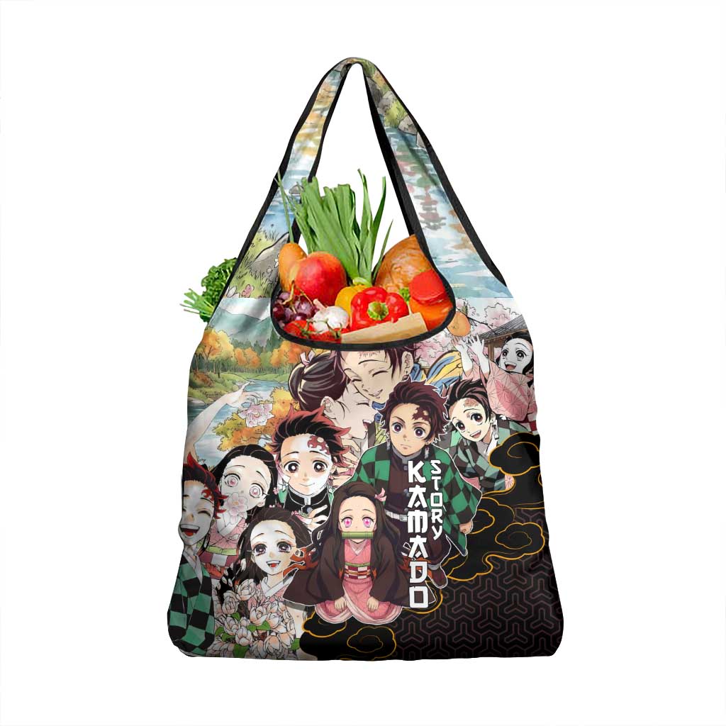 Kamado Siblings Demon Slayer Collage Design Grocery Bag with Tanjiro and Nezuko in Scenic Background - The Mazicc