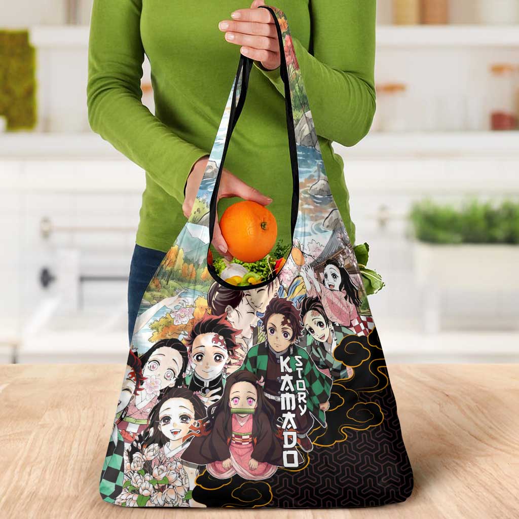 Kamado Siblings Demon Slayer Collage Design Grocery Bag with Tanjiro and Nezuko in Scenic Background - The Mazicc