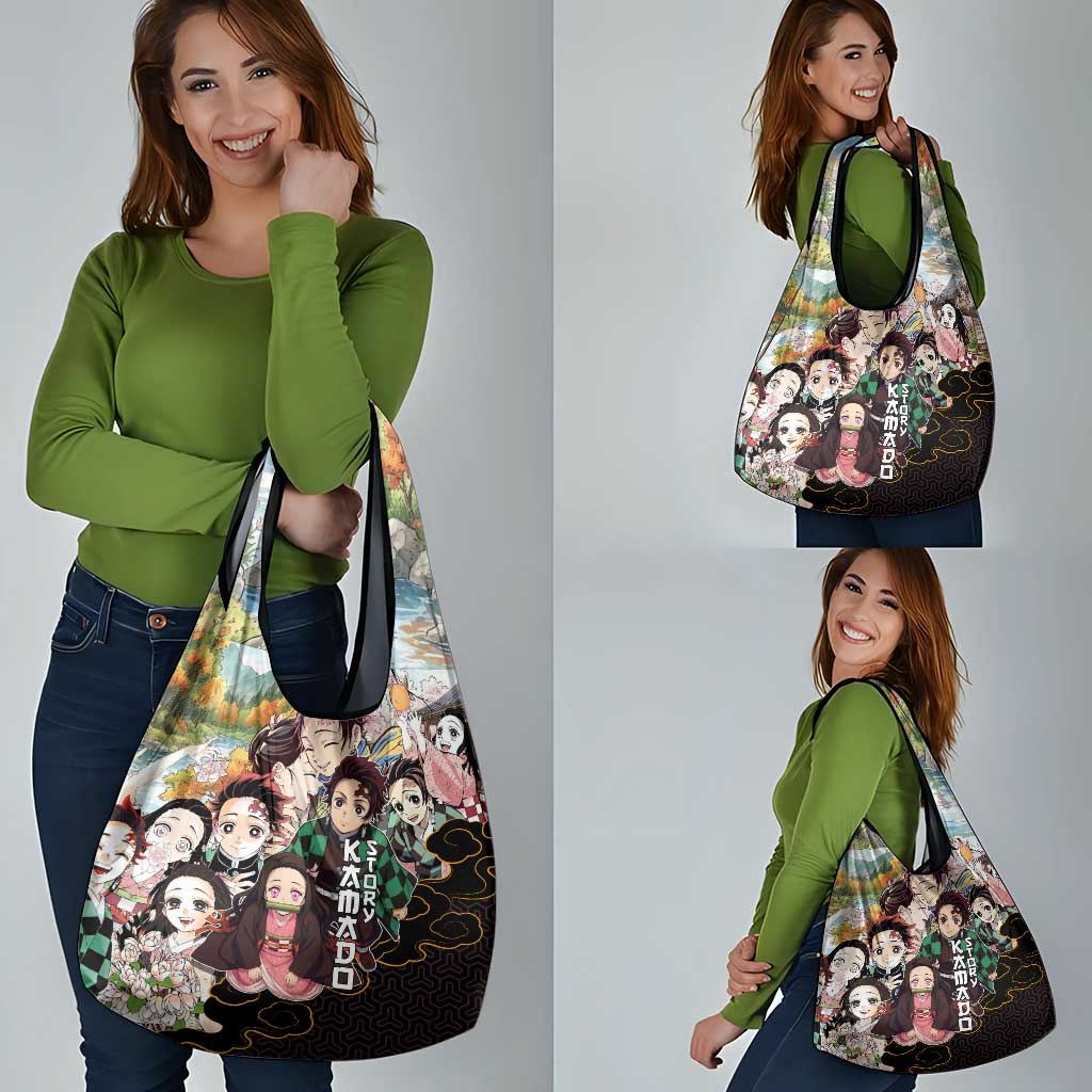 Kamado Siblings Demon Slayer Collage Design Grocery Bag with Tanjiro and Nezuko in Scenic Background - The Mazicc