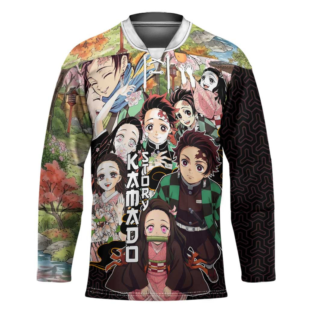 Kamado Siblings Demon Slayer Collage Design Hockey Jersey with Tanjiro and Nezuko in Scenic Background - The Mazicc