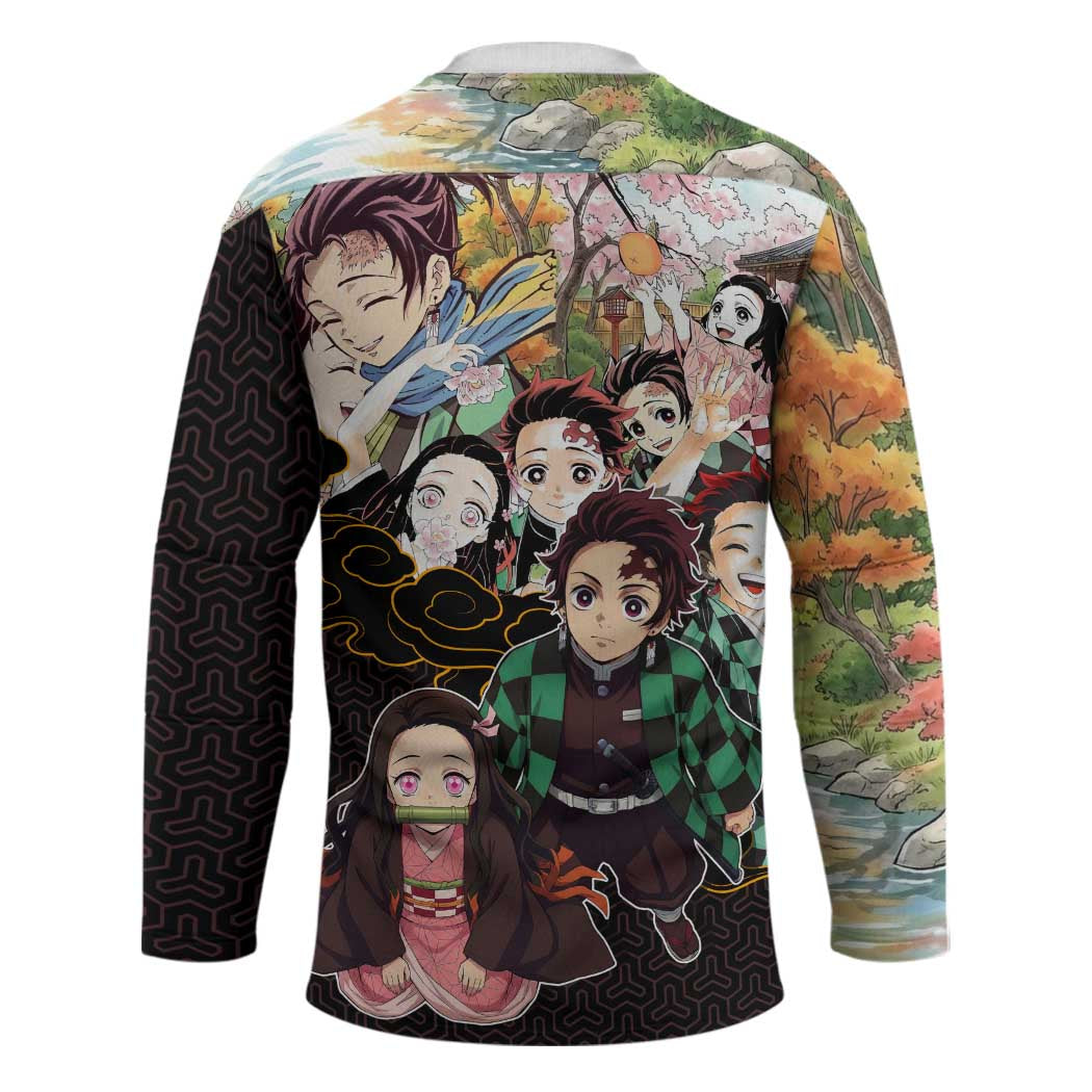 Kamado Siblings Demon Slayer Collage Design Hockey Jersey with Tanjiro and Nezuko in Scenic Background - The Mazicc