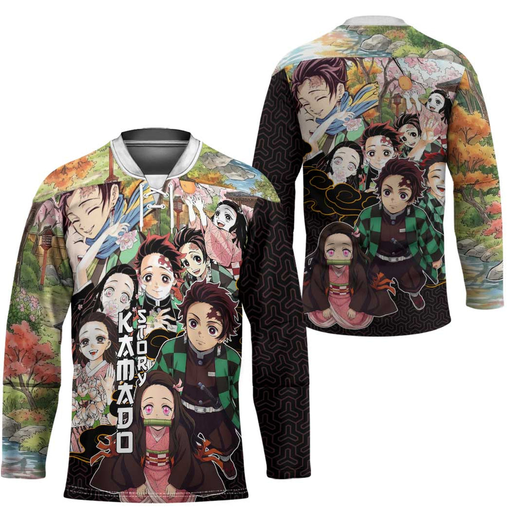 Kamado Siblings Demon Slayer Collage Design Hockey Jersey with Tanjiro and Nezuko in Scenic Background - The Mazicc