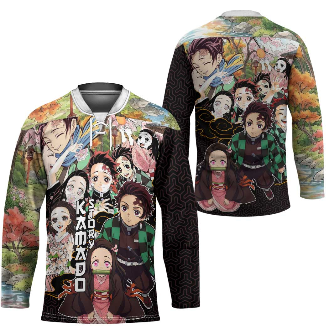 Kamado Siblings Demon Slayer Collage Design Hockey Jersey with Tanjiro and Nezuko in Scenic Background - The Mazicc