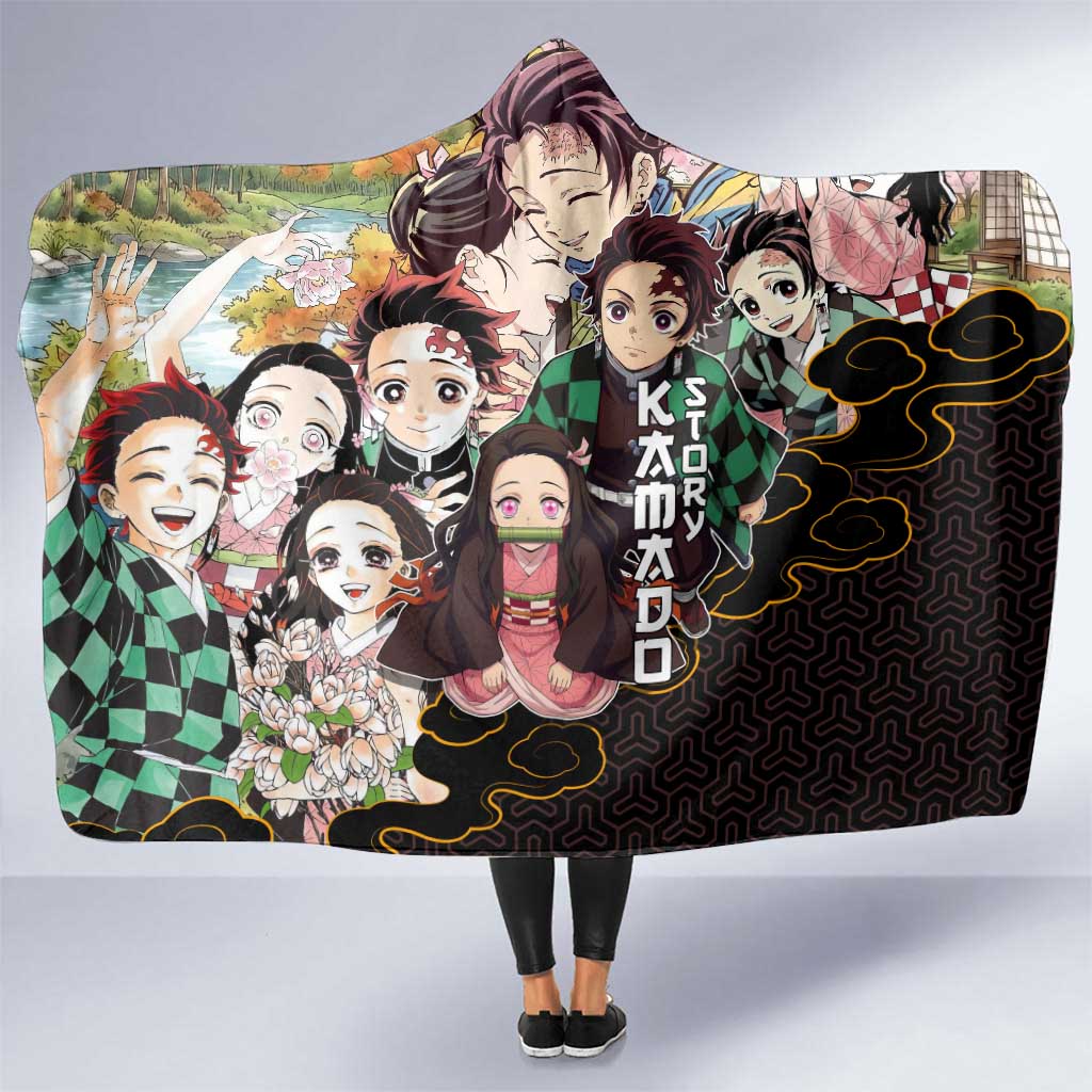 Kamado Siblings Demon Slayer Collage Design Hooded Blanket with Tanjiro and Nezuko in Scenic Background - The Mazicc