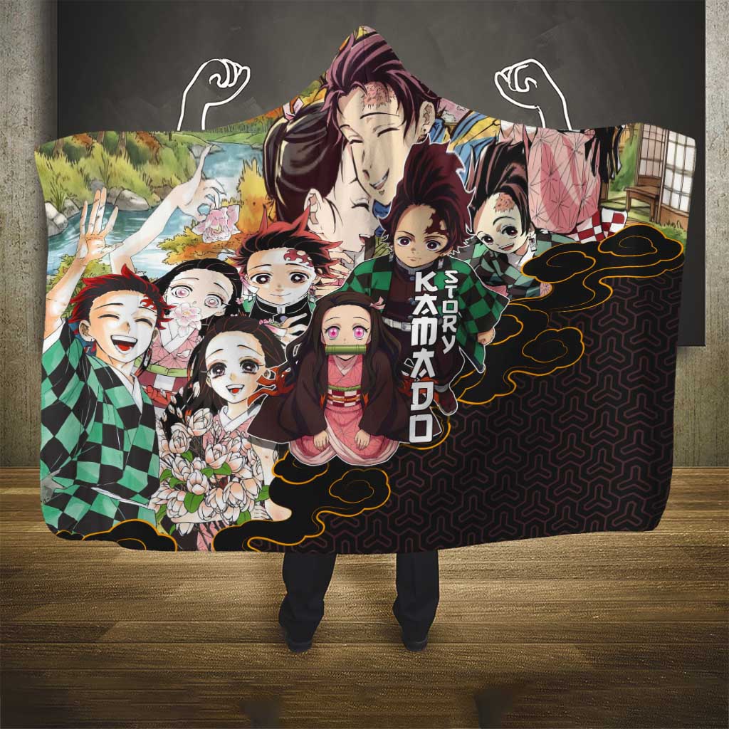 Kamado Siblings Demon Slayer Collage Design Hooded Blanket with Tanjiro and Nezuko in Scenic Background - The Mazicc