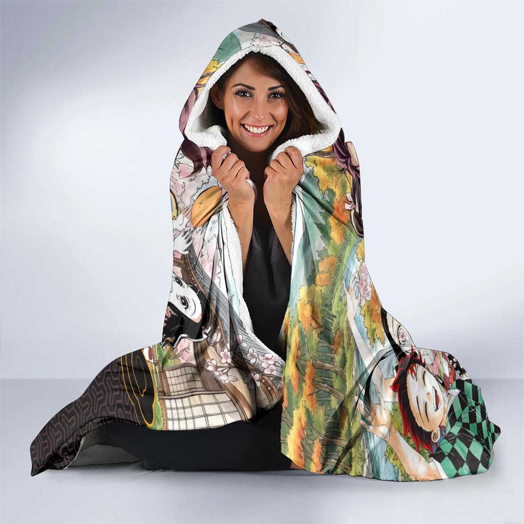 Kamado Siblings Demon Slayer Collage Design Hooded Blanket with Tanjiro and Nezuko in Scenic Background - The Mazicc