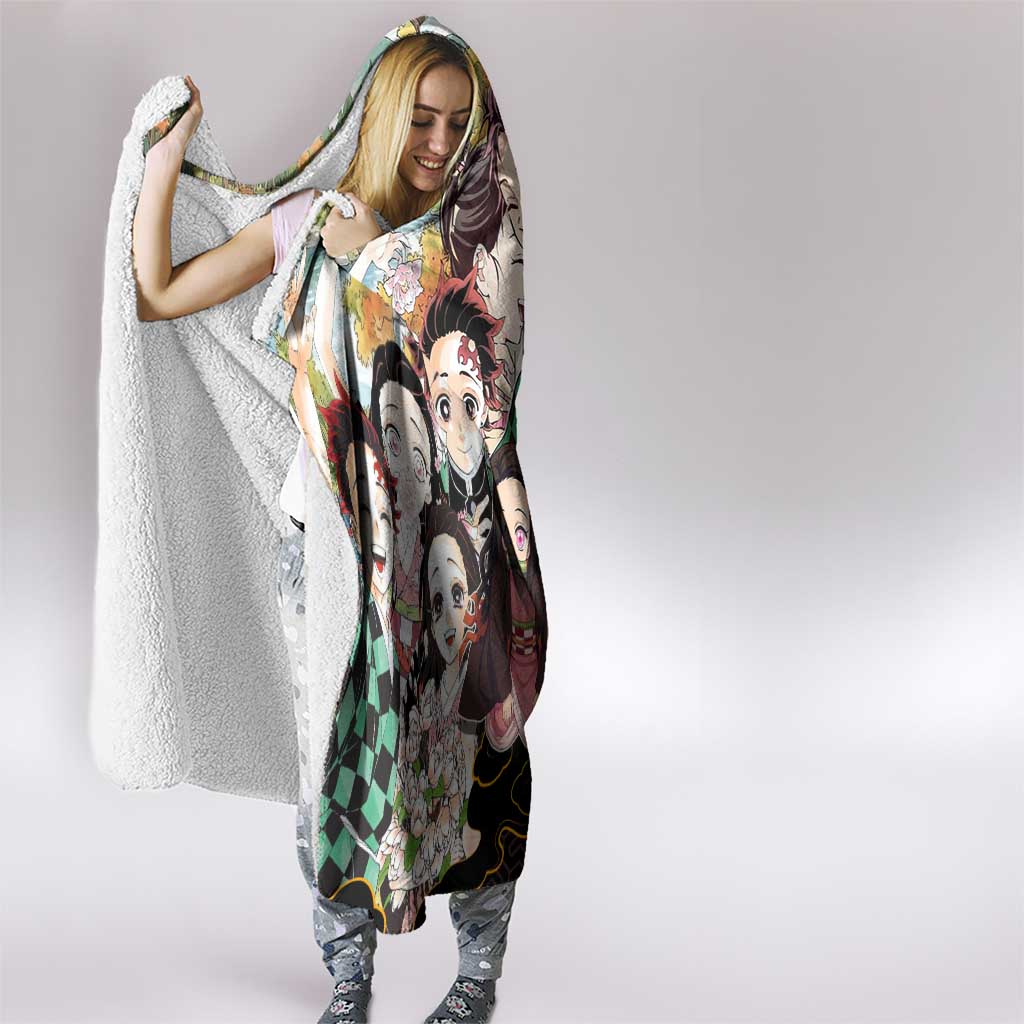 Kamado Siblings Demon Slayer Collage Design Hooded Blanket with Tanjiro and Nezuko in Scenic Background - The Mazicc