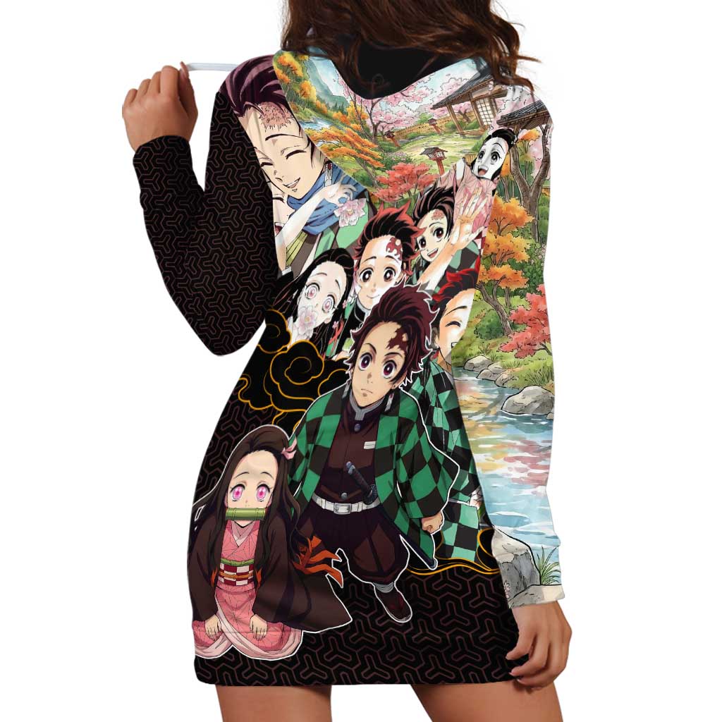 Kamado Siblings Demon Slayer Collage Design Hoodie Dress with Tanjiro and Nezuko in Scenic Background - The Mazicc