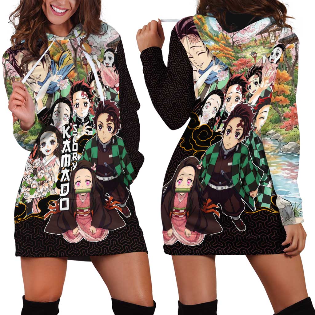 Kamado Siblings Demon Slayer Collage Design Hoodie Dress with Tanjiro and Nezuko in Scenic Background - The Mazicc