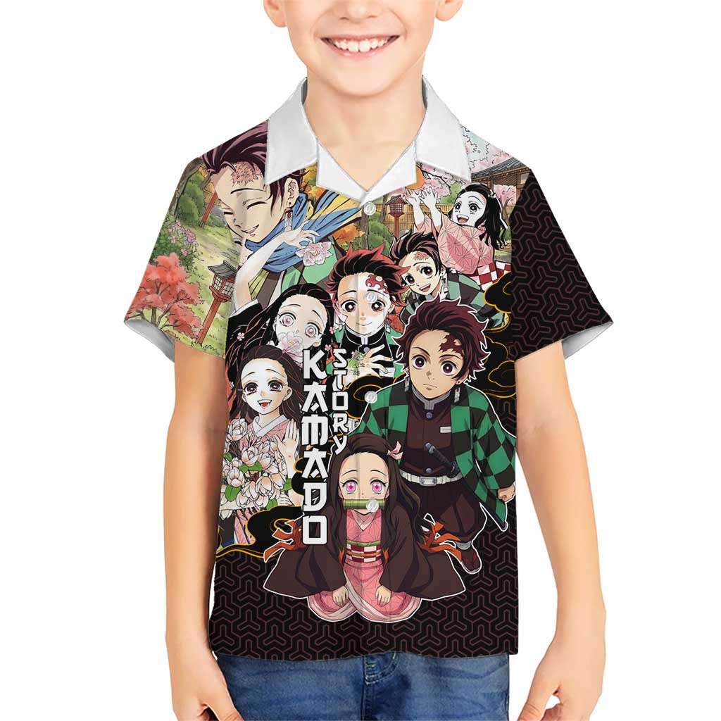 Kamado Siblings Demon Slayer Collage Design Kid Hawaiian Shirt with Tanjiro and Nezuko in Scenic Background - The Mazicc