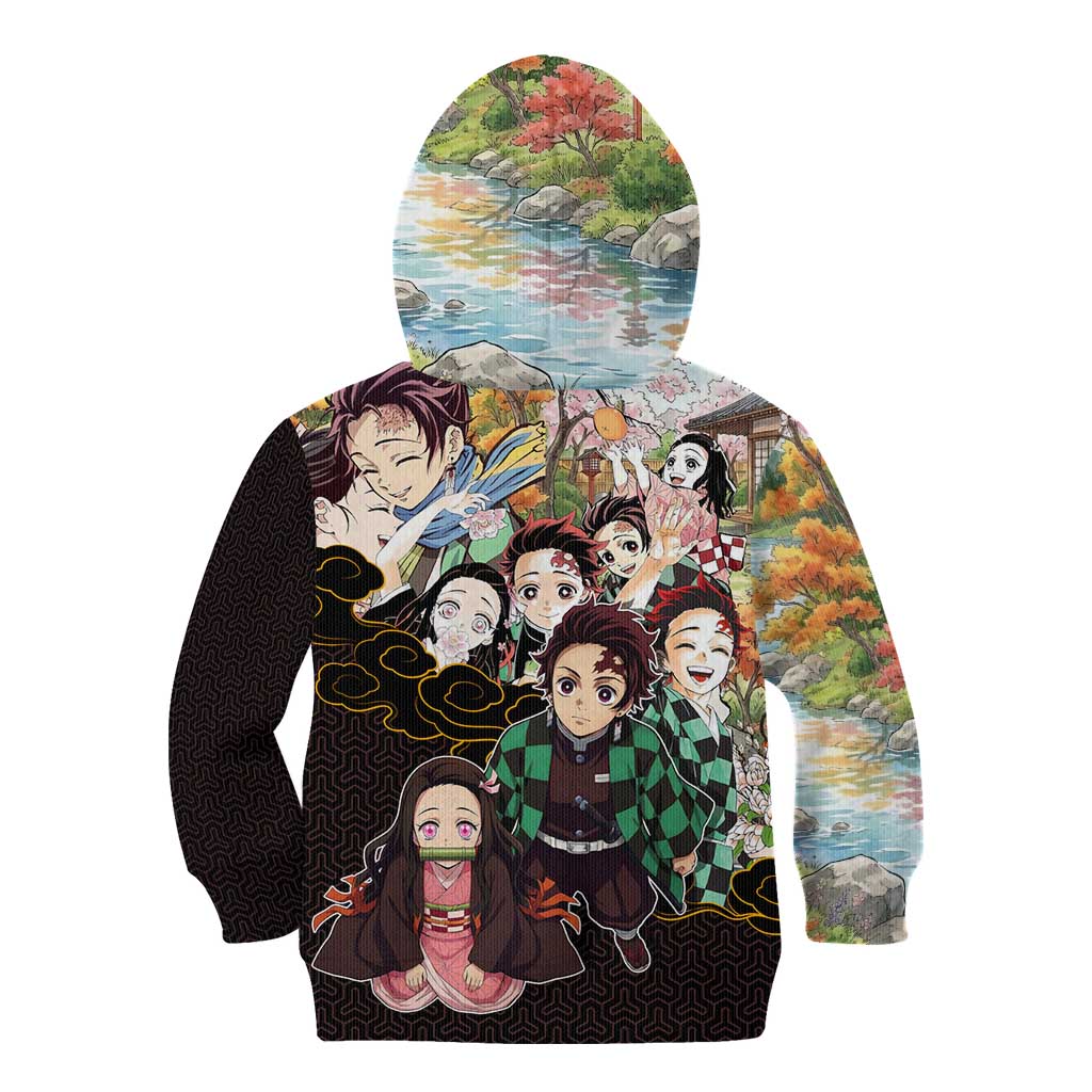 Kamado Siblings Demon Slayer Collage Design Kid Hoodie with Tanjiro and Nezuko in Scenic Background - The Mazicc