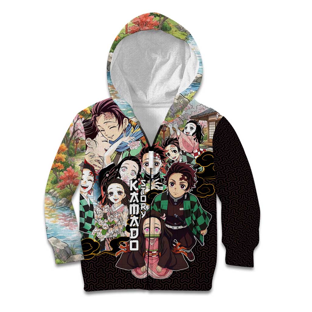 Kamado Siblings Demon Slayer Collage Design Kid Hoodie with Tanjiro and Nezuko in Scenic Background - The Mazicc