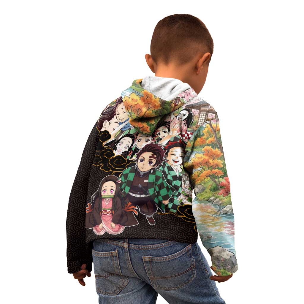 Kamado Siblings Demon Slayer Collage Design Kid Hoodie with Tanjiro and Nezuko in Scenic Background - The Mazicc
