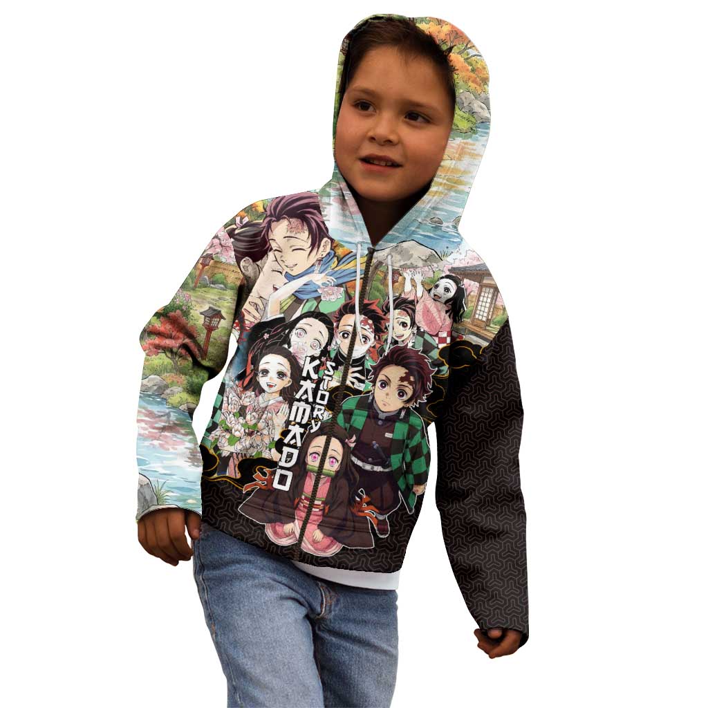 Kamado Siblings Demon Slayer Collage Design Kid Hoodie with Tanjiro and Nezuko in Scenic Background - The Mazicc