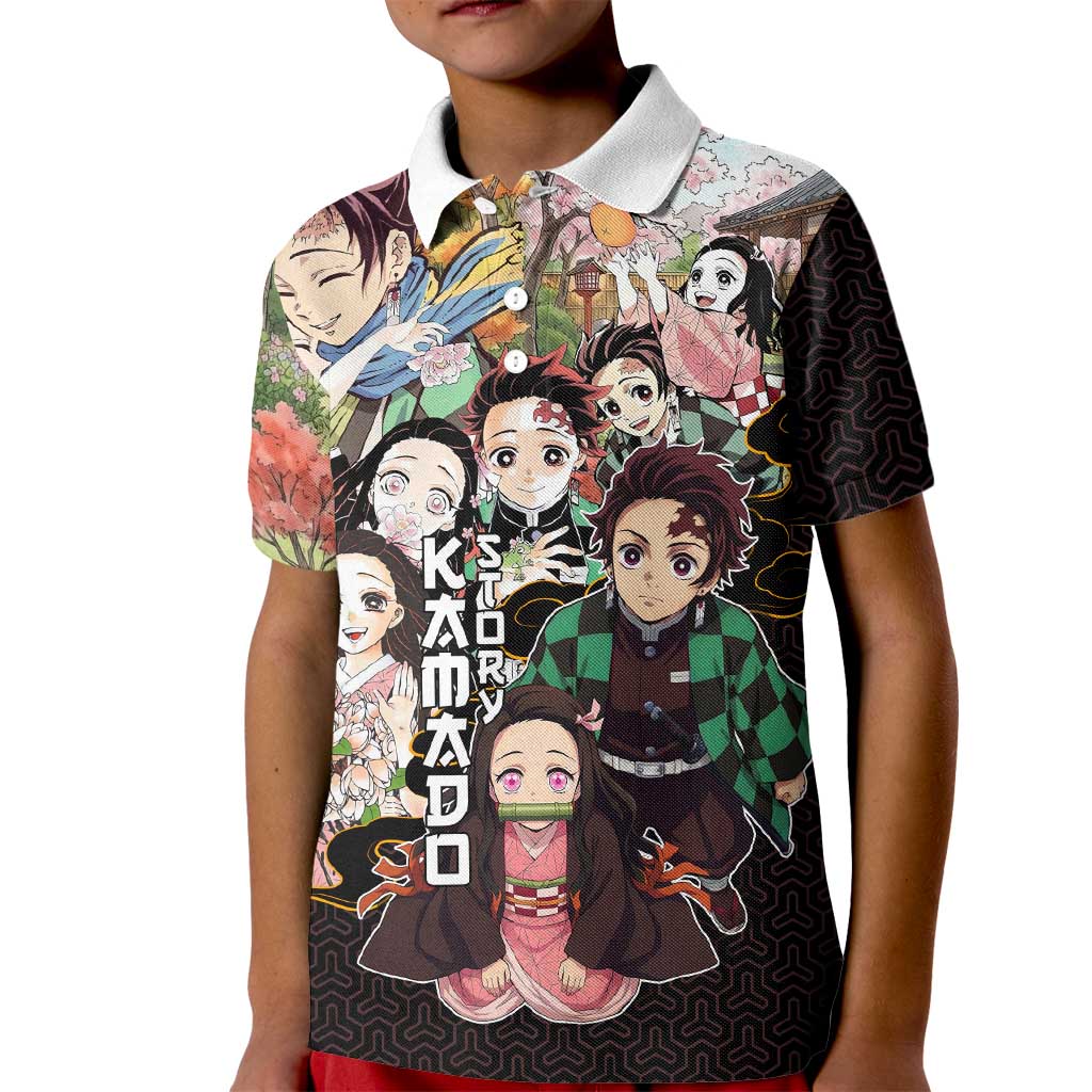 Kamado Siblings Demon Slayer Collage Design Kid Polo Shirt with Tanjiro and Nezuko in Scenic Background - The Mazicc