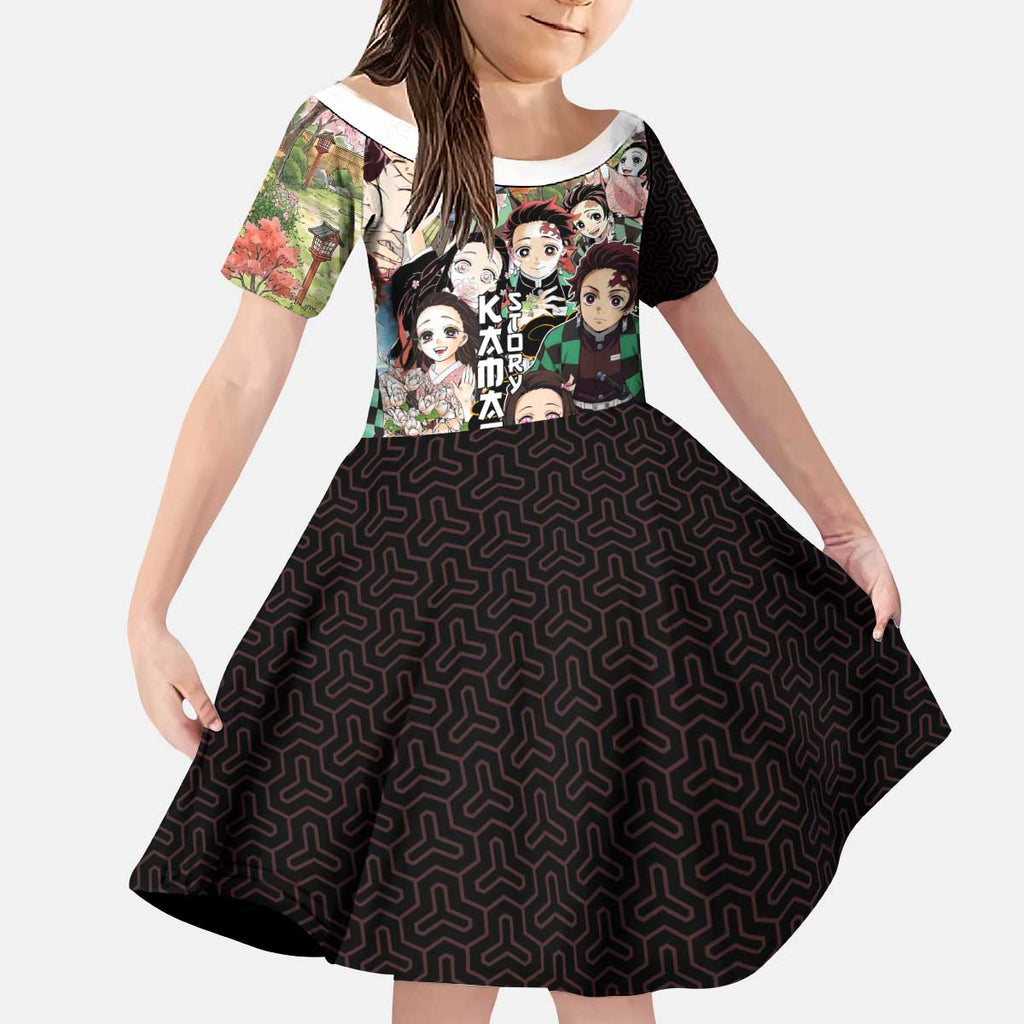 Kamado Siblings Demon Slayer Collage Design Kid Short Sleeve Dress with Tanjiro and Nezuko in Scenic Background - The Mazicc