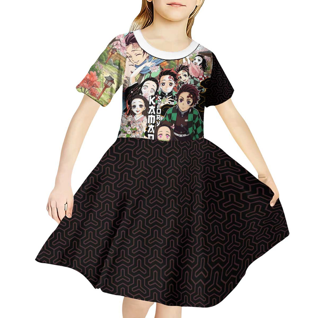 Kamado Siblings Demon Slayer Collage Design Kid Short Sleeve Dress with Tanjiro and Nezuko in Scenic Background - The Mazicc