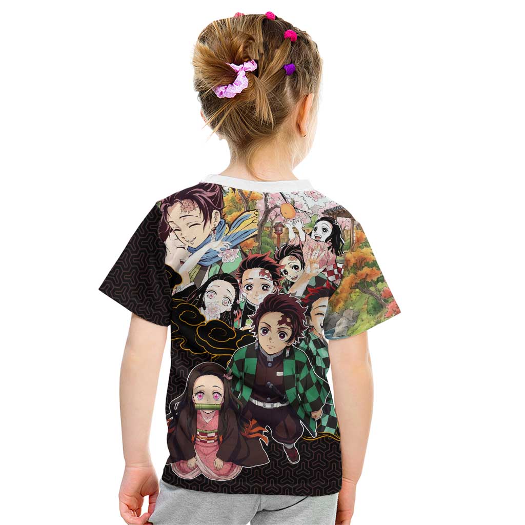 Kamado Siblings Demon Slayer Collage Design Kid T Shirt with Tanjiro and Nezuko in Scenic Background - The Mazicc